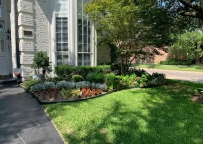 A house with a beautifully landscaped lawn and plants in front of it, offering maintenance services in North Dallas and surrounding areas.